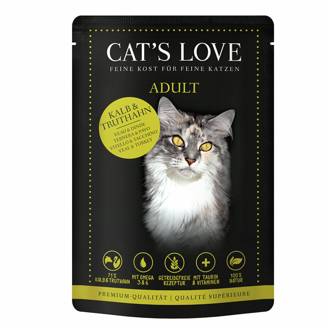 Cat's Love Adult Katzenfutter, Kalb & Truthahn, für ausgewachsene Katzen, 85 g, getreidefrei, mit Omega 3 & 6, Taurin, 100 % Natur.