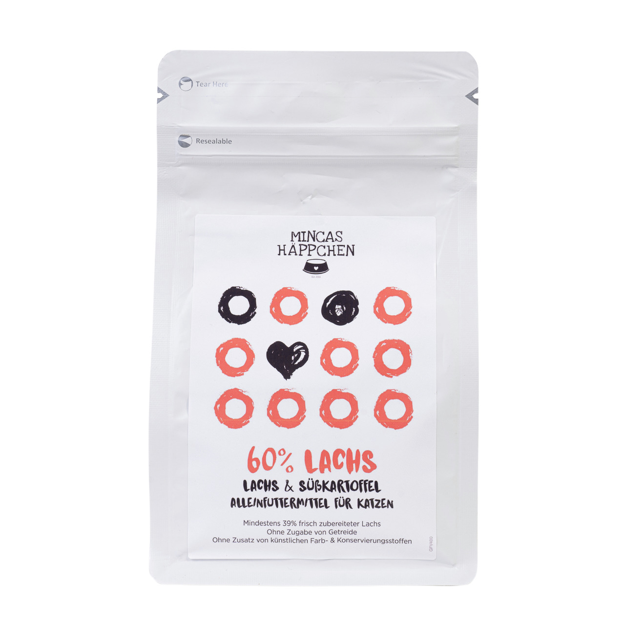 MINCAS HÄPPCHEN Katzenfutter „Lachs & Süßkartoffel“, 60 % Lachs, getreidefrei, ohne künstl. Zusätze, Alleinfutter, wiederverschließbar.