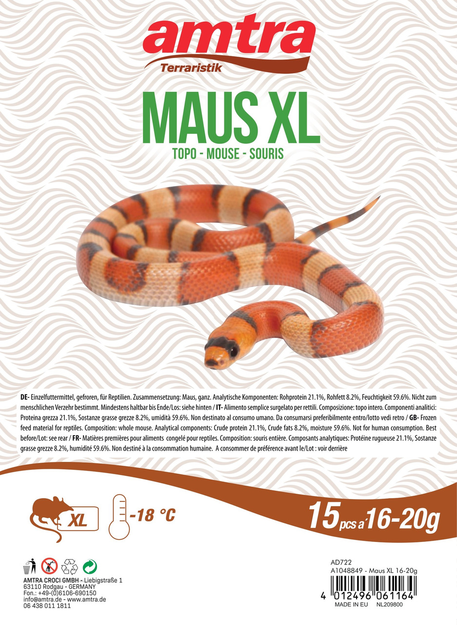 amtra Terraristik MAUS XL, Einzelfuttermittel f. Reptilien, ganze Mäuse (16–20 g), 15 Stk., hohe Qualität, ideal f. Reptilien.