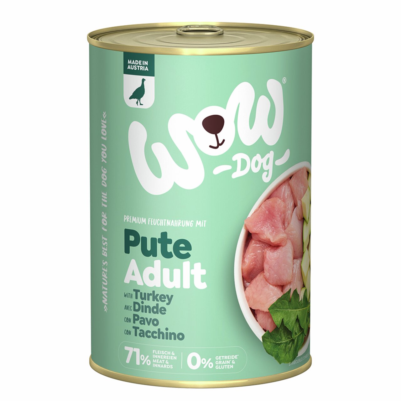 WOW DOG Pute Adult, Feuchtfutter für Hunde. Geschmack Truthahn, 400g, 71% Fleisch, getreidefrei, für ausgewachsene Hunde.