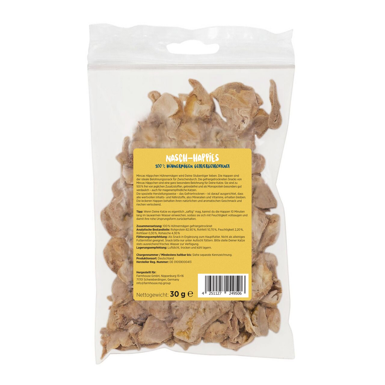 Nasch-Happies Hühnerherzen für Hunde, 100 % Huhn, 30 g, ideal als Snack-Belohnung, transparente Verpackung mit gelbem Etikett.