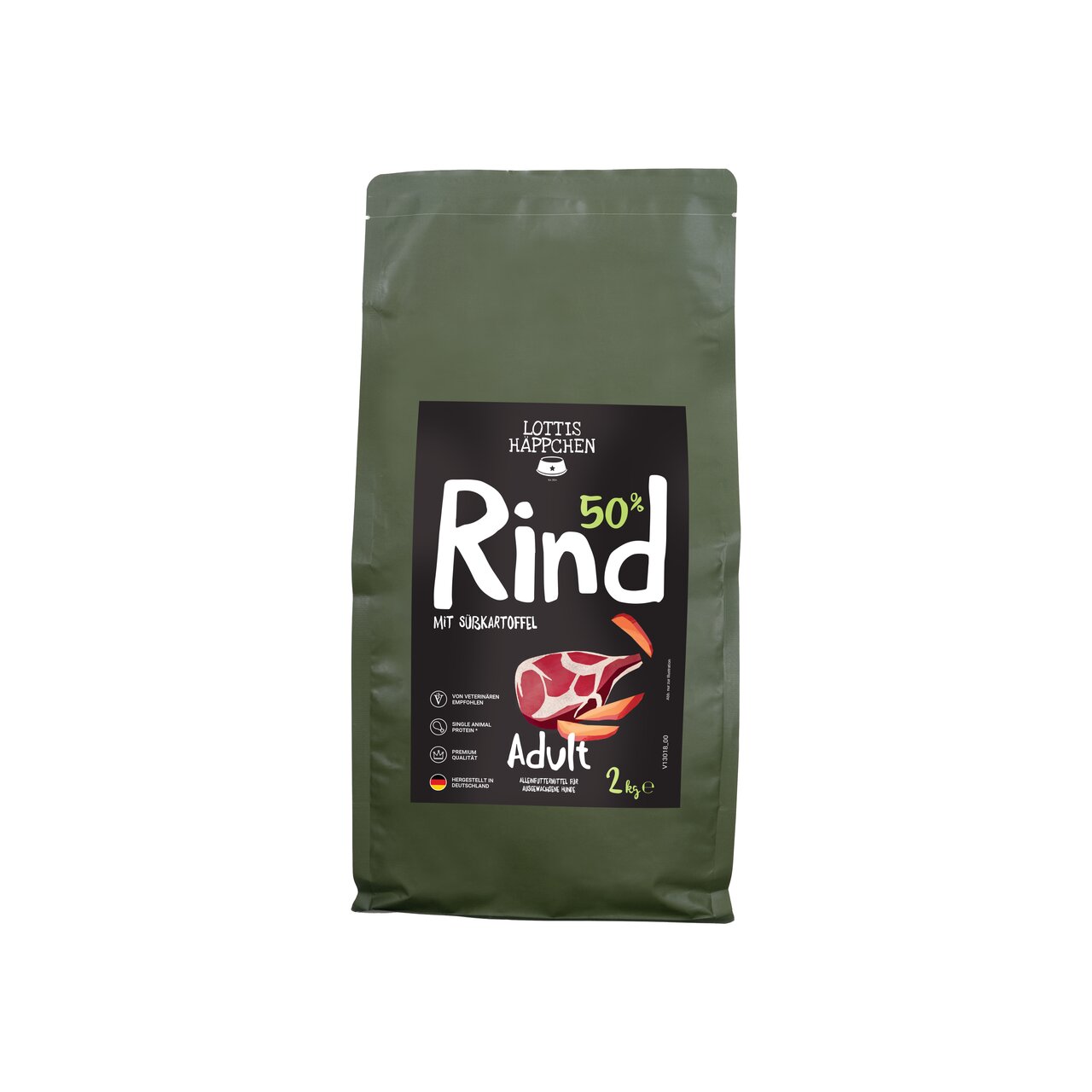 Trockenfutter von Lottis Häppchen für erwachsene Hunde, Geschmacksrichtung Rind mit Süßkartoffel, 2 kg, 50 % Rindanteil.