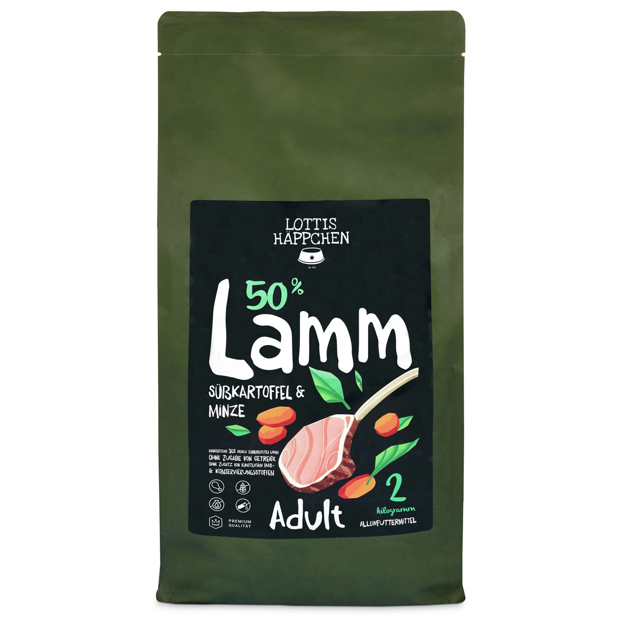 Lottis Häppchen 50 % Lamm, Süßkartoffel & Minze Adult Hunde Trockenfutter 2 kg