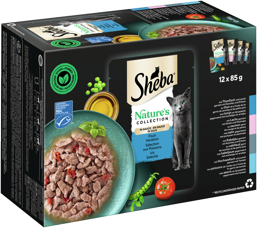 Sheba Nature's Collection, Nassfutter f. Katzen, Fisch, 12x85g, mit nachhaltigen Zutaten, MSC-Fisch, recycelbare Verpackung.
