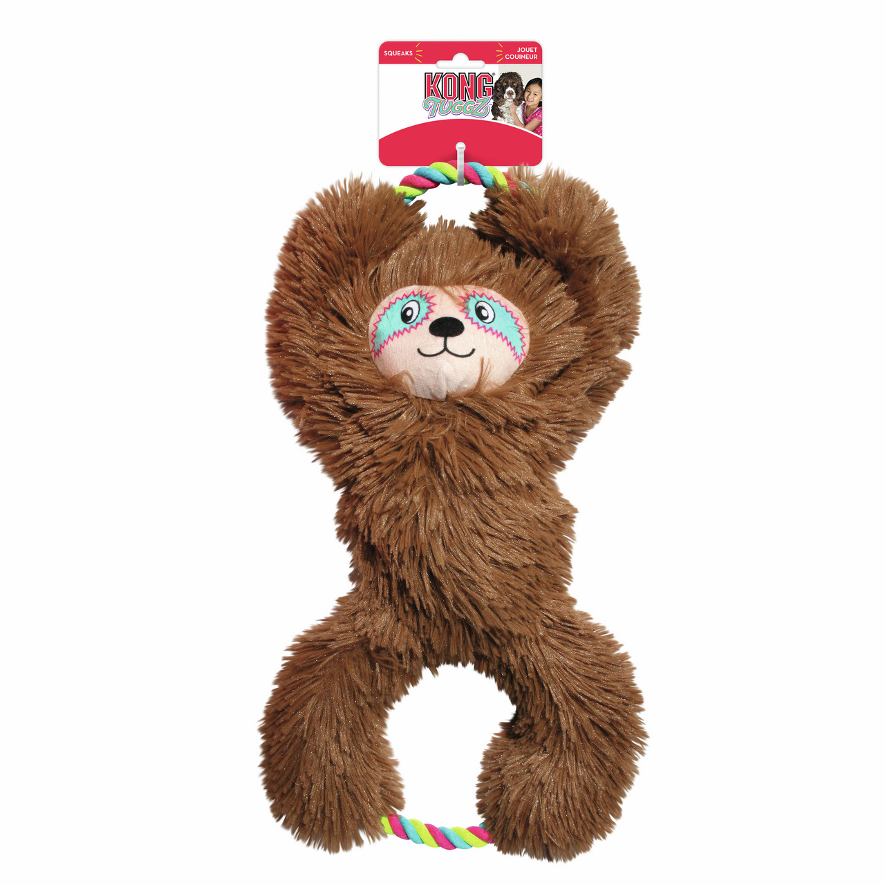 KONG Woozles Hundespielzeug, Faultier-Design, braun mit bunten Akzenten, Plüsch+Seilgriffe, interaktives Spielen+Kauen, 1 Stk.