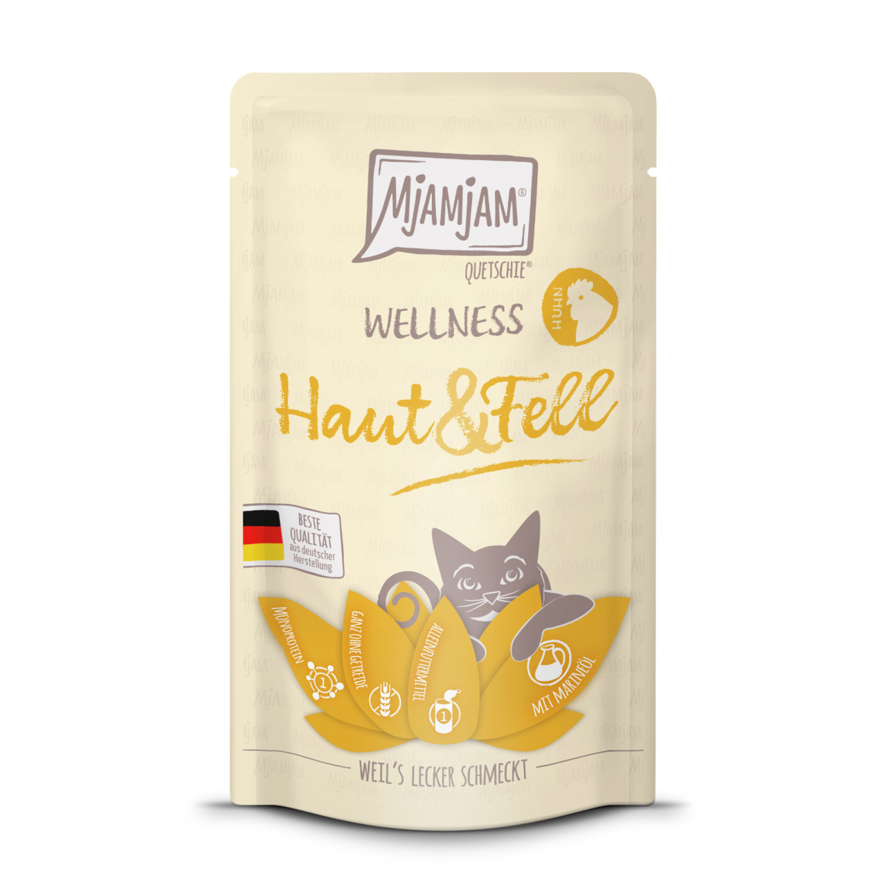 MJAMJAM Wellness Haut & Fell, Katzenfutter, ohne Geschmacksangabe, mit Lachsöl für Haut & Fell, natürliche Zutaten, Menge unbekannt.