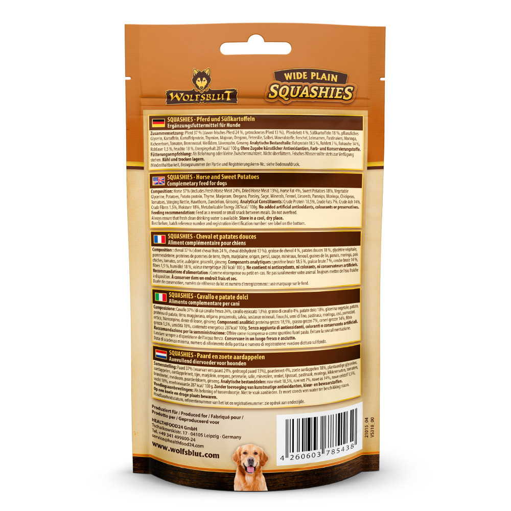 Wolfsblut Wide Plain Squashies, Ergänzungsfutter für Hunde, Geschmack: Pferd & Süßkartoffeln, Infos zu Inhaltsstoffen & Fütterung.
