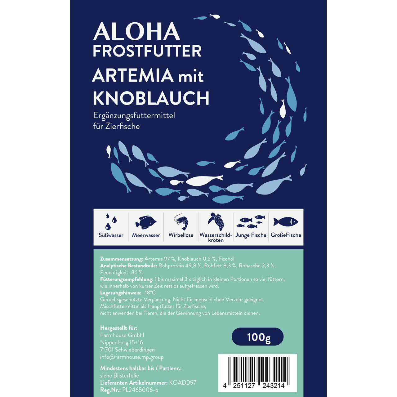 ALOHA Frostfutter Artemia m. Knoblauch, Ergänzungsfutter f. Zierfische (Süß-/Meerwasser), 100 g, Hauptbestandteile: Artemia (97 %), Knoblauch (0,2 %).