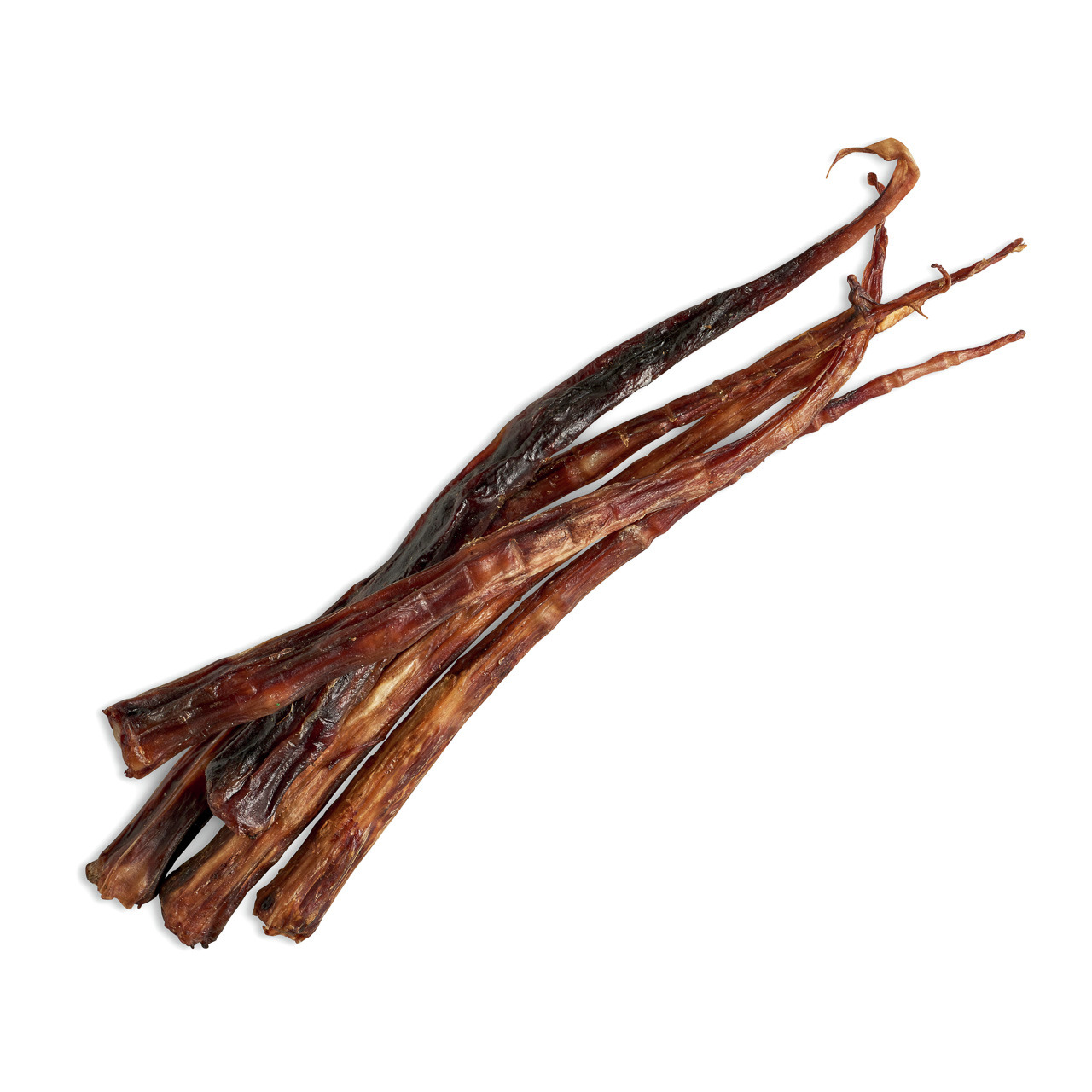 Das Bild zeigt getrocknete Rinderkopfhaut-Sticks der Marke Lottis Häppchen, ein natürlicher Kausnack für Hunde. Die Sticks sind braun, lang und leicht gebogen, ideal für mittelgroße bis große Hunde. Sie fördern die Zahnpflege und bieten langanhaltenden Ka
