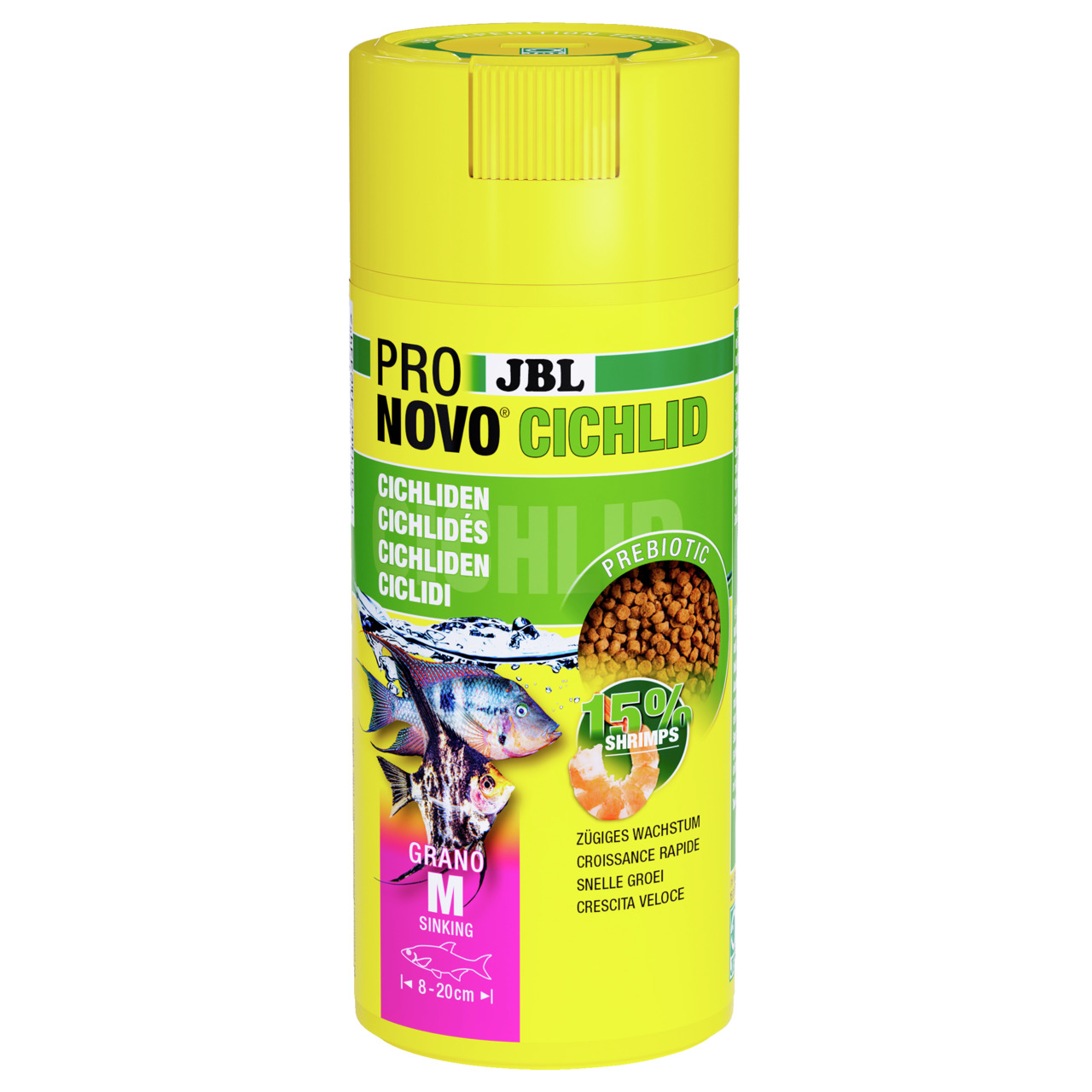 JBL ProNovo Cichlid Grano M, für Cichliden 8–20 cm, 15 % Shrimps, präbiotisch, fördert Wachstum.