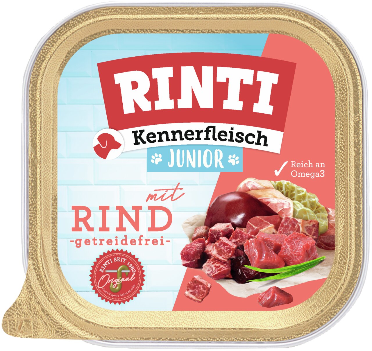 RINTI Kennerfleisch Junior mit Rind, getreidefrei, für Welpen, reich an Omega-3, 150 g, hochwertige Fleischmahlzeit.