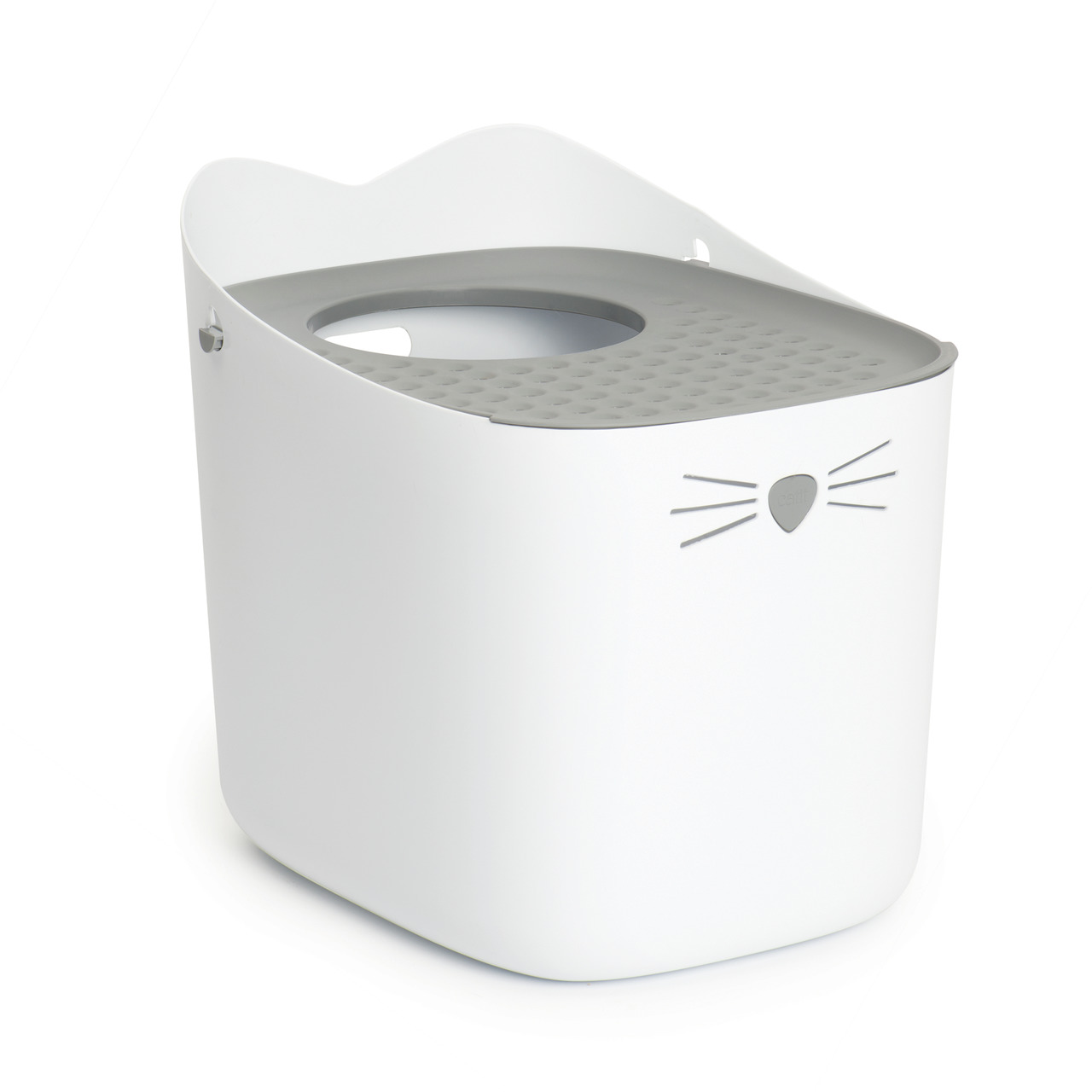 Catit Katzentoilette Top-Einstieg, für Katzen aller Größen, modernes Design, weiß/grau, Streuverlust-Reduktion, Katzengesicht-Deko.