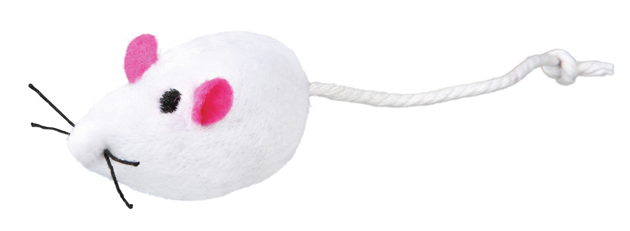 TRIXIE Katzenspielzeug: Weiße Plüschmaus mit rosa Ohren, Schnurrbart & Kordelschwanz. Fördert Spieltrieb. Zielgruppe: Katzen.