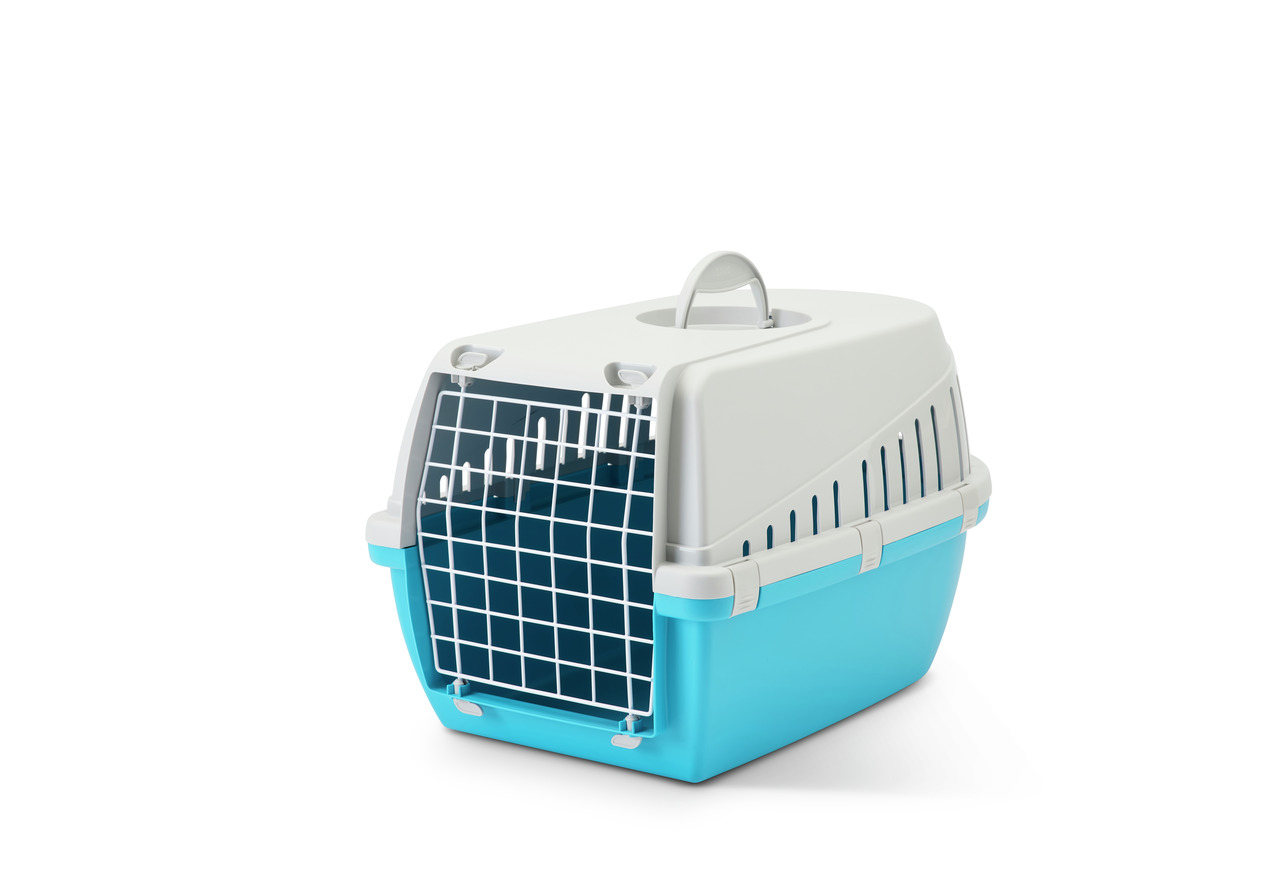 SAVIC Transportbox Trotter 1, für Katzen & kl. Hunde, robust, mit Tragegriff, Metallgitter, Lüftungsschlitze, Blau/Weiß.