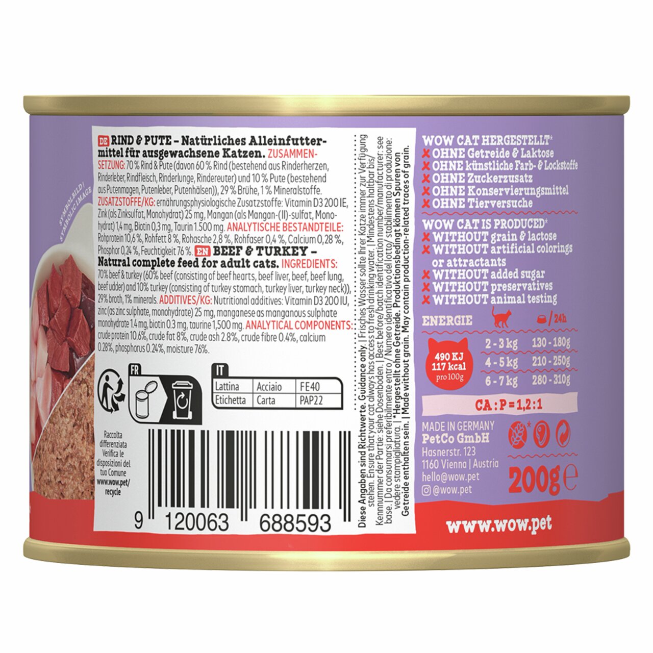 Katzennassfutter „WOW CAT Rind & Pute“, für ausgewachsene Katzen, ohne Getreide, 200 g, saftige Fleischstücke, ohne künstliche Zusätze.