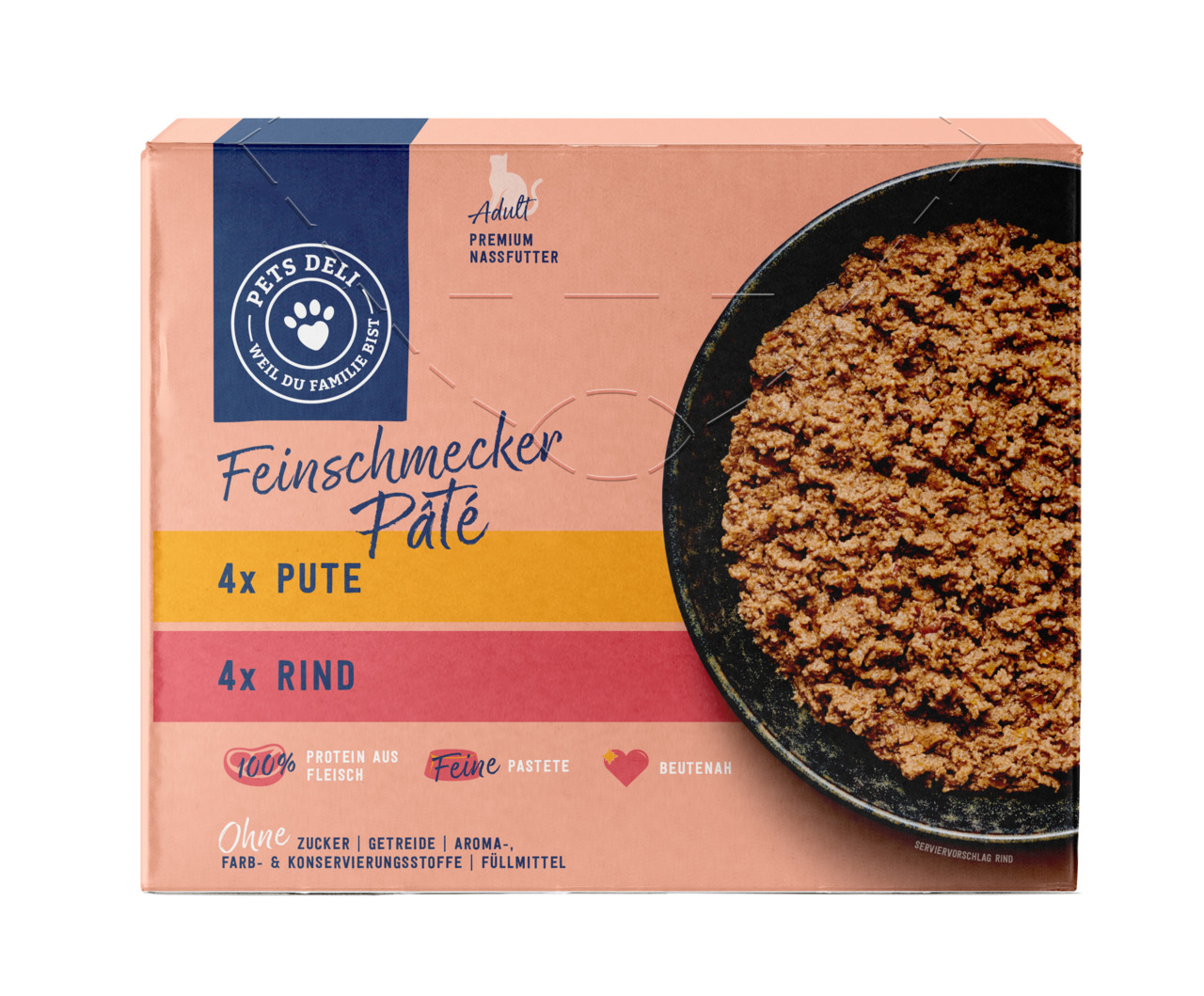 Pets Deli Feinschmecker Paté für Hunde, 4x Pute & 4x Rind, 100% Fleischprotein, getreidefrei, ohne Zucker, Farb-, Aroma- & Konservierungsstoffe.