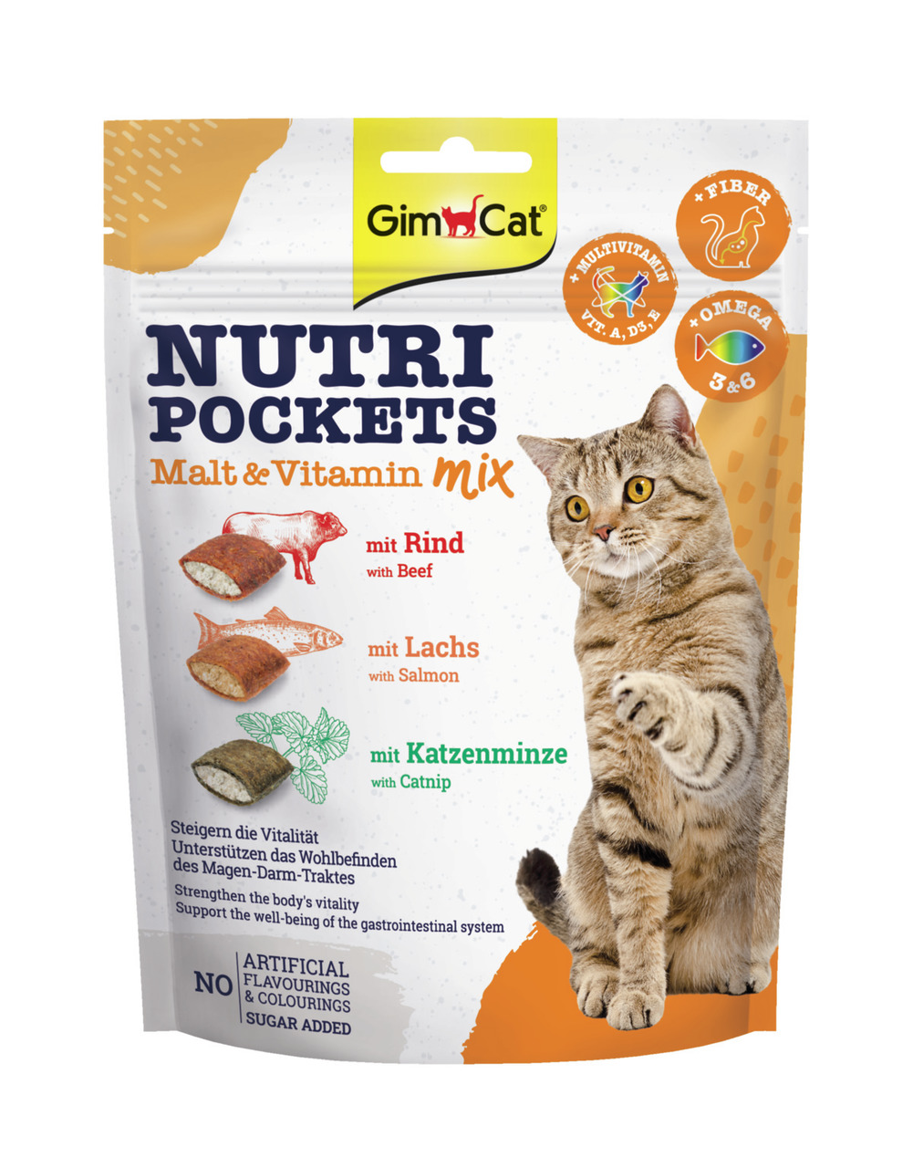 GimCat Nutri Pockets Malt & Vitamin Mix: Snacks für Katzen, Geschmacksr. Rind, Lachs, Katzenminze, mit Vit. A, D3, E, Omega-3/-6, vital+Magen.