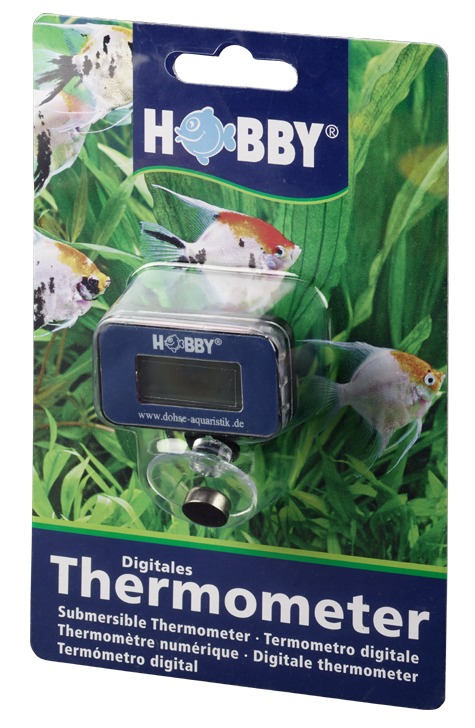 Das Bild zeigt das digitale Thermometer der Marke HOBBY, speziell für Aquarien entwickelt. Es ist für Aquaristik-Enthusiasten geeignet und misst präzise die Wassertemperatur. Die Verpackung enthält ein digitales Display und eine Saugnapfbefestigung. Ideal