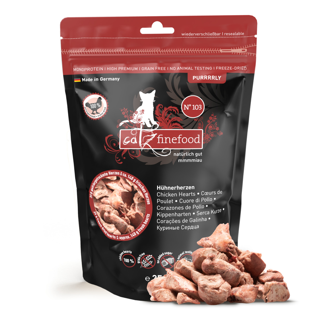 Catz finefood No. 103: Gefriergetrocknete Hühnerherzen für Katzen, Monoprotein, 140 g, für anspruchsvolle Katzenhalter.