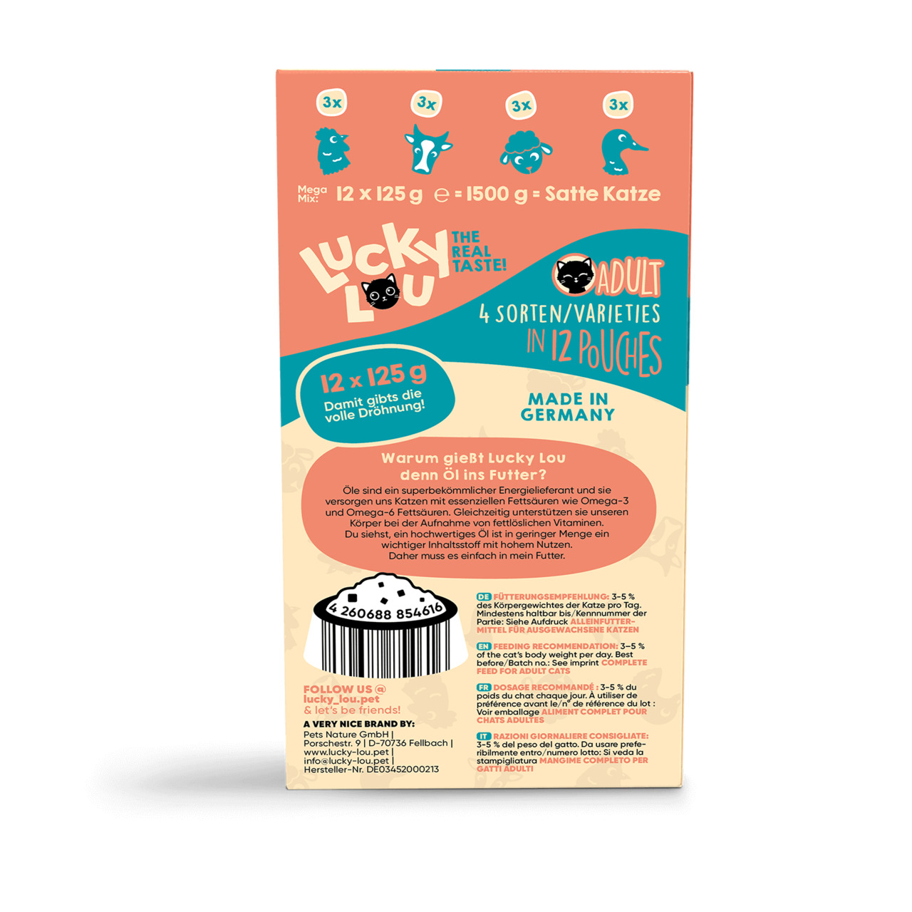 Das Bild zeigt die Rückseite einer Verpackung des Katzenfutters „Lucky Lou – The Real Taste!“ für erwachsene Katzen. Es handelt sich um einen Mega-Mix mit 12 Portionsbeuteln à 125 g (insgesamt 1500 g). Enthalten sind vier Sorten: Huhn, Rind, Lachs und Tru
