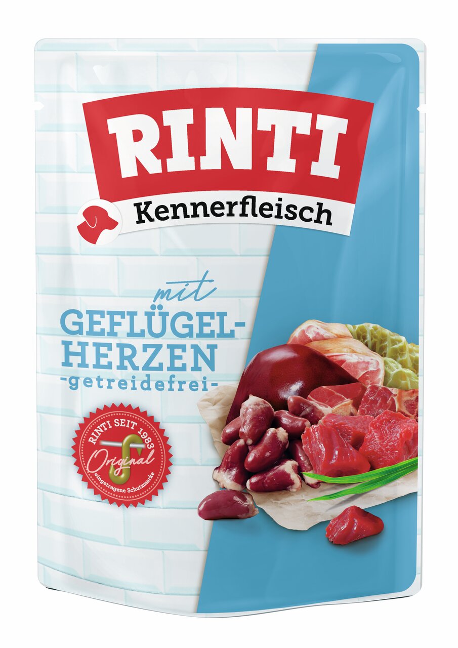 RINTI Kennerfleisch Geflügelherzen, getreidefrei, für Hunde, reich an Fleisch, 400g, ohne künstliche Zusätze, seit 1983.