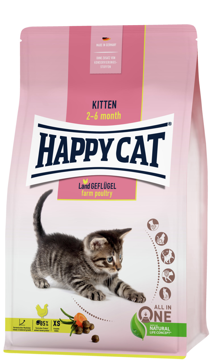 Sparpaket 2 x 1,3 kg Happy Cat Young Kitten Land-Geflügel Katzen Trockenfutter