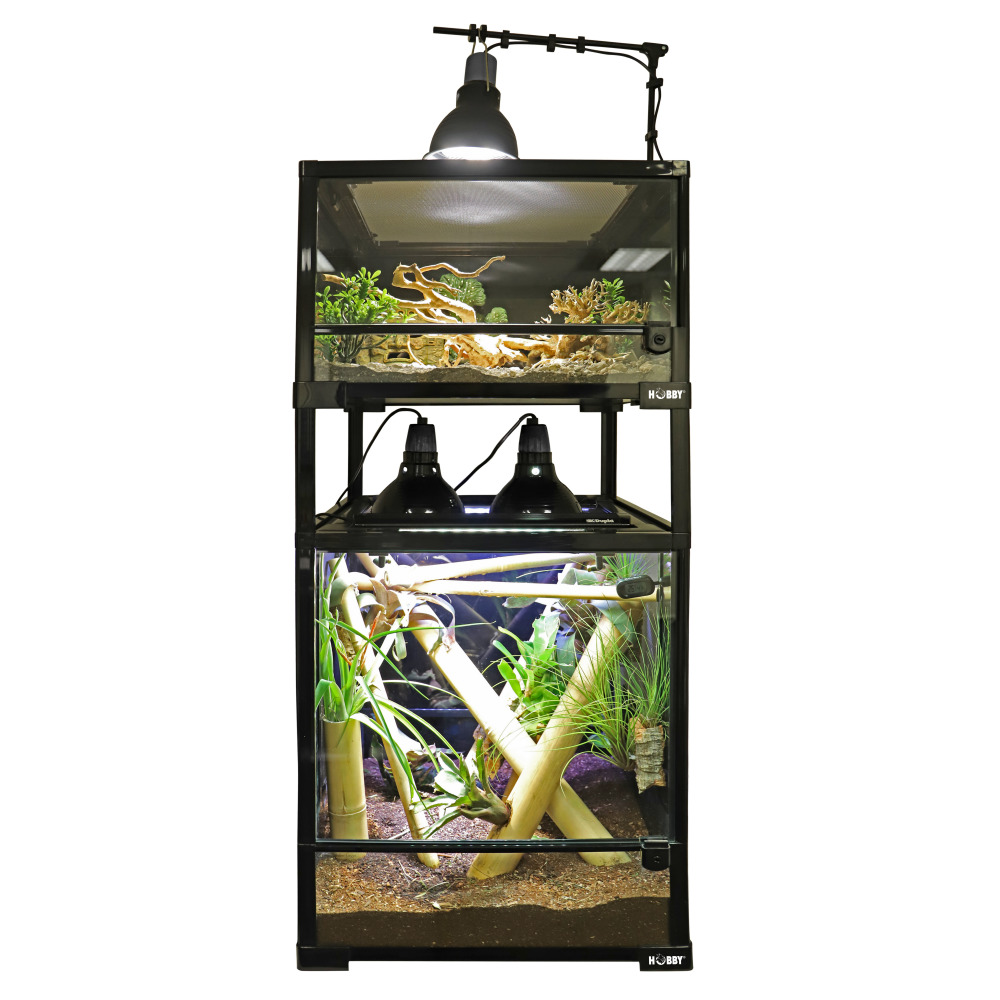 Das Bild zeigt ein hochwertiges Terrarien-Set der Marke HOBBY, geeignet für Reptilien und Amphibien. Es besteht aus drei übereinander gestapelten Glasterrarien mit Beleuchtung und Dekoration. Die oberen Terrarien sind mit Ästen und Pflanzen ausgestattet, 