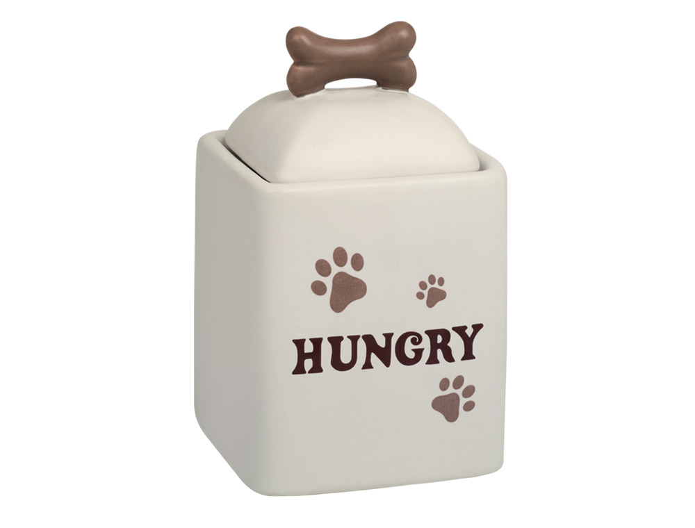 Nobby Keramik-Vorratsdose „HUNGRY“ für Hundeleckerlis, creme mit braunem Knochen-Griff, 1L, hält Snacks frisch, schützt vor Feuchtigkeit.
