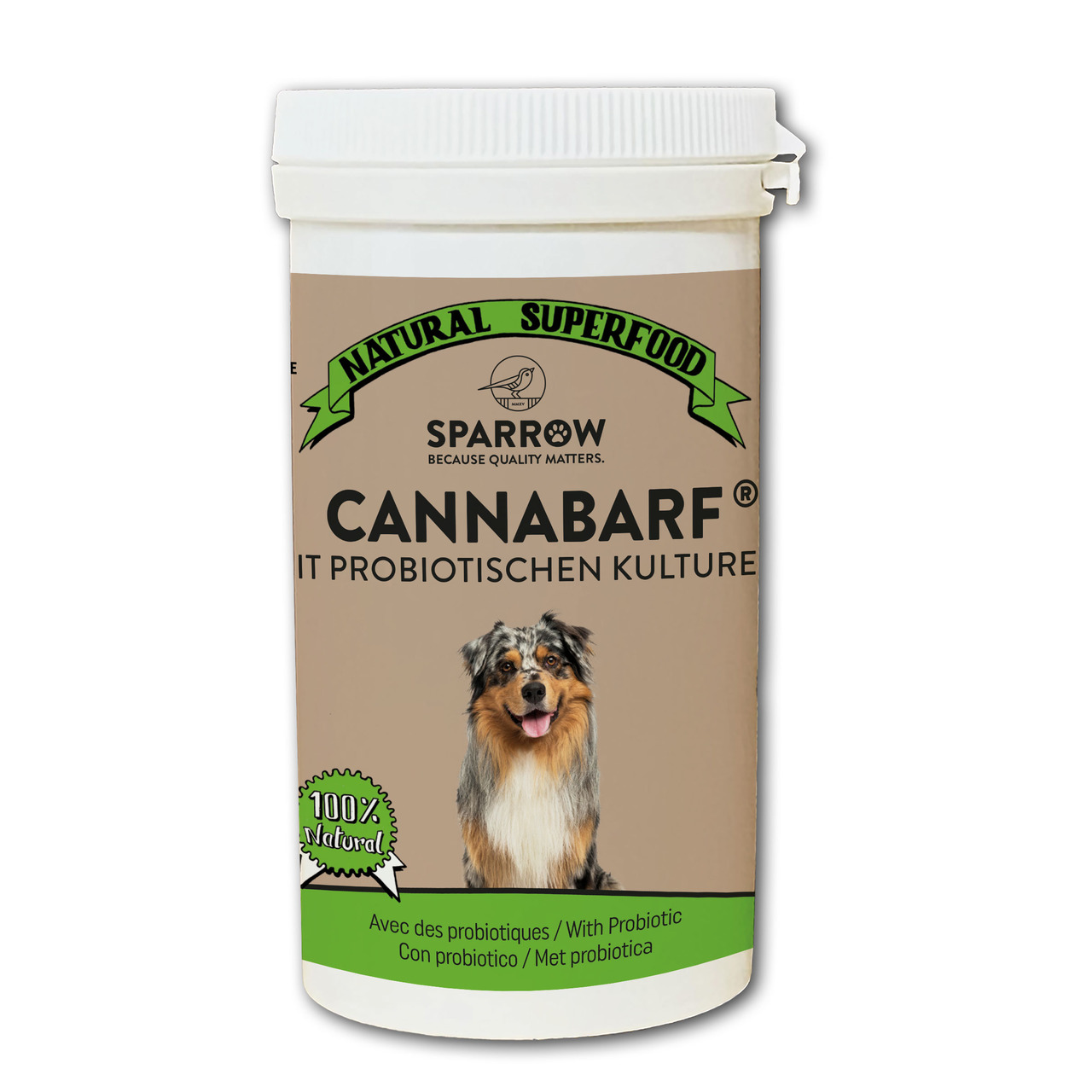 SPARROW CANNABARF, Superfood f. Hunde, 100 % nat., mit Probiotika, beige Dose, fröhlicher Hund auf Verpackung.