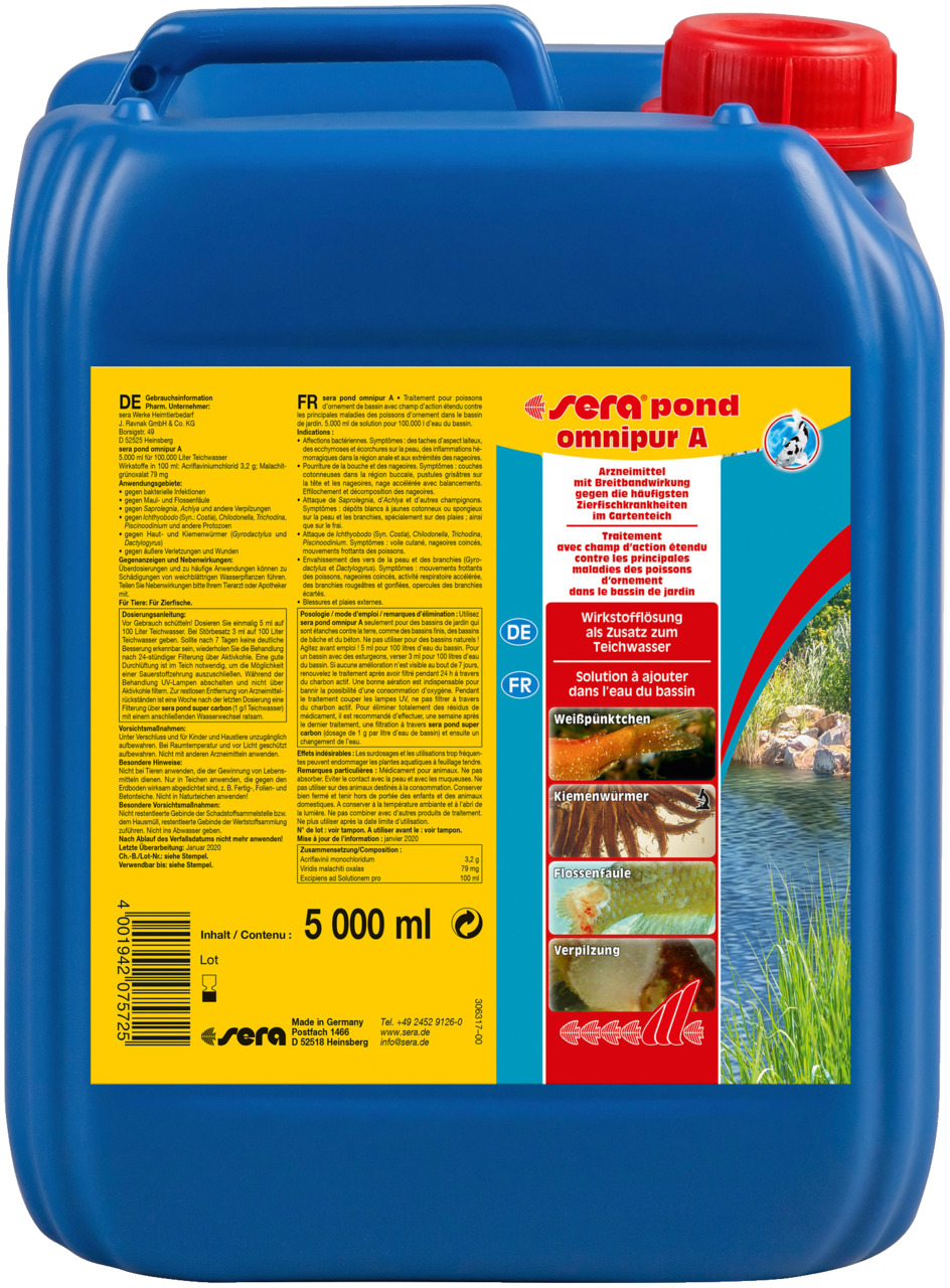 sera pond omnipur A, 5L, Arzneimittel für Zierfische in Gartenteichen, gegen Weißpünktchen, Kiemenwürmer, Flossenfäule, Verpilzung.