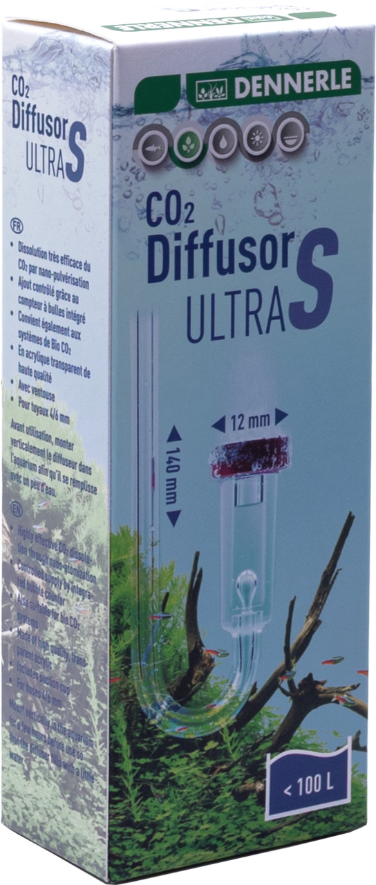 Das Bild zeigt den CO2 Diffusor Ultra S von DENNERLE, ein Produkt für Aquarien bis 100 Liter. Der Diffusor besteht aus transparentem Acrylglas und sorgt für eine effiziente CO2-Auflösung durch Nano-Zerstäubung. Geeignet für Aquarienpflanzenliebhaber, unte