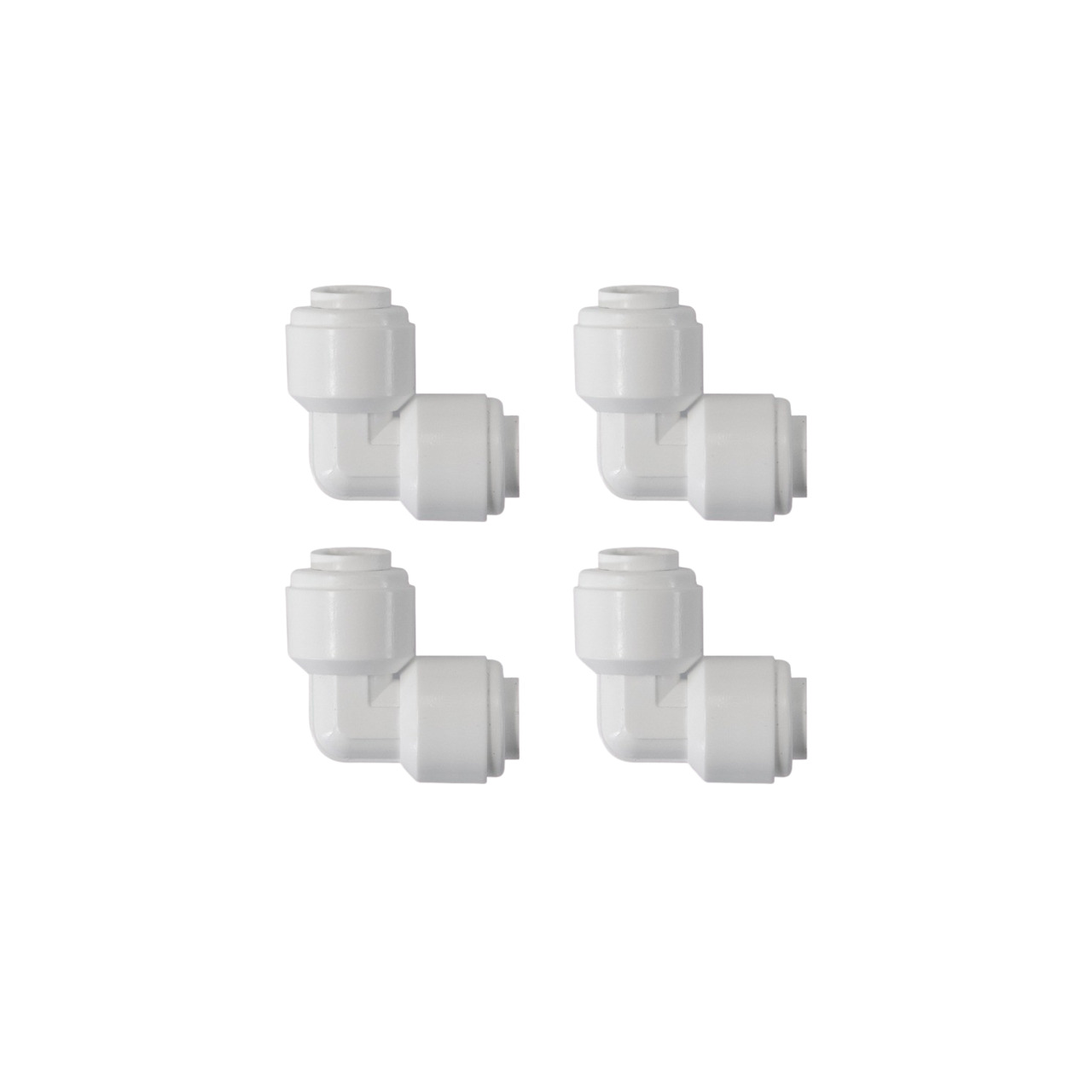 4 weiße Kunststoff-Winkelverbinder, Marke Ecotech, für Wasserfiltersysteme, präzise verarbeitet, einfache Installation, symmetrisch.