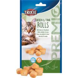 Das Bild zeigt eine Verpackung der Marke TRIXIE mit dem Produktnamen "Chicken & Tuna Rolls". Es handelt sich um Katzensnacks mit Huhn und Thunfisch, geeignet für Katzen. Die Verpackung enthält 50 g und hebt hervor, dass das Produkt ohne Zuckerzusatz ist. 