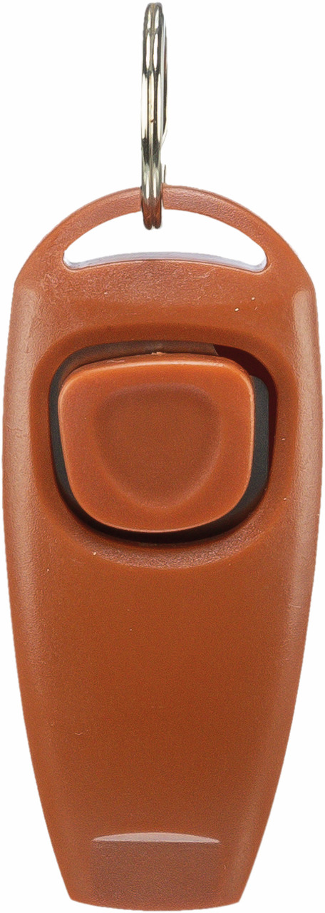 Brauner TRIXIE-Clicker für Hundeerziehung mit ergonomischem Design und Metallring zur Befestigung. Ideal für positive Verstärkung beim Training. Zielgruppe: Hundehalter. Kompakt und leicht, perfekt für unterwegs. Fördert effektives Lernen durch klare akus