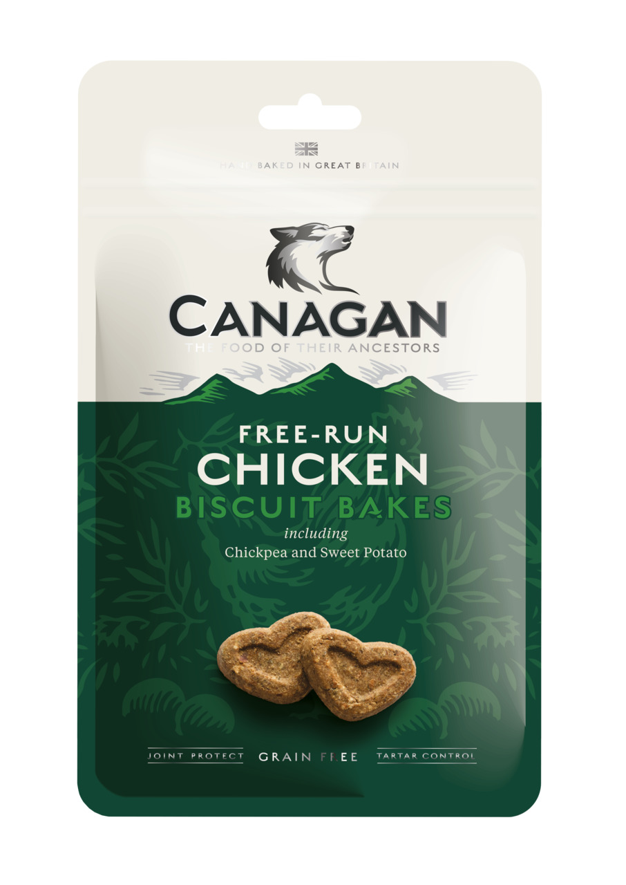 Canagan Free-Run Chicken Biscuit Bakes, getreidefreie Hundesnacks mit Huhn, Kichererbsen & Süßkartoffeln, herzförmig, für Hunde.