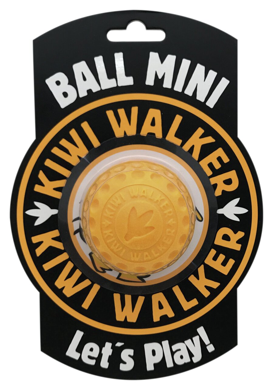 Kiwi Walker Ball Mini, Spielzeug für kleine Hunde, Gelb, strukturierte Oberfläche, „Kiwi Walker“, „Let’s Play!“.