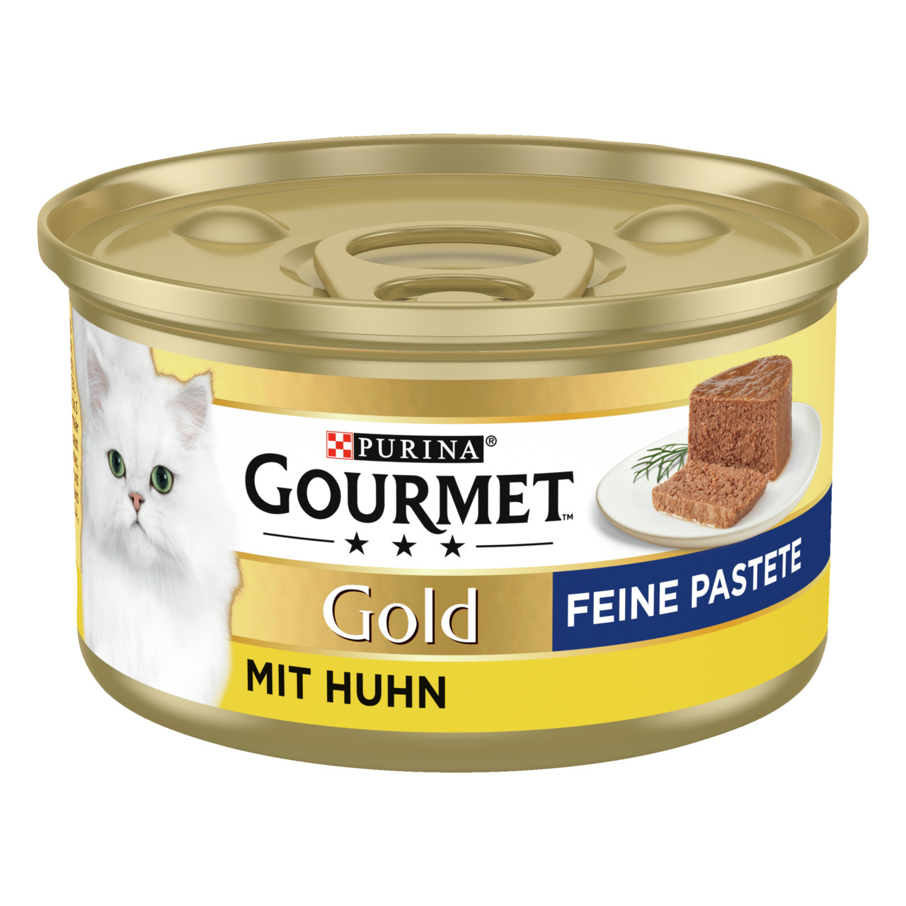 Das Bild zeigt eine goldene Dose Katzenfutter der Marke Purina GOURMET Gold mit der Geschmacksrichtu