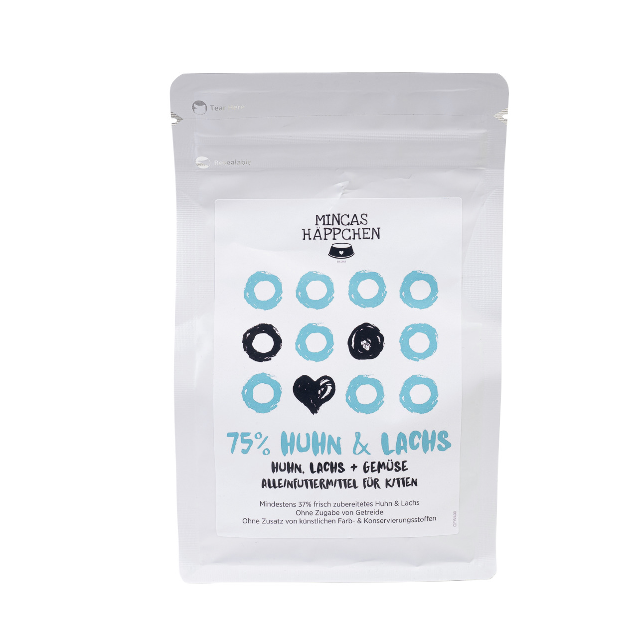 Mincas Häppchen Katzenfutter Huhn & Lachs, Alleinfutter, 75 % Huhn/Lachs, mit Gemüse, ohne künstl. Zusätze/Getreide.