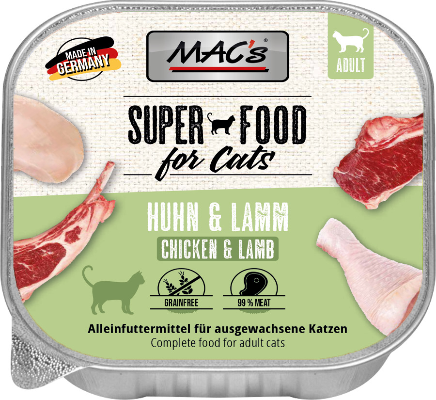 MAC's Superfood f. Cats, Huhn & Lamm, Alleinfutter f. erw. Katzen, getreidefrei, 99 % Fleisch, hergestellt in DE.