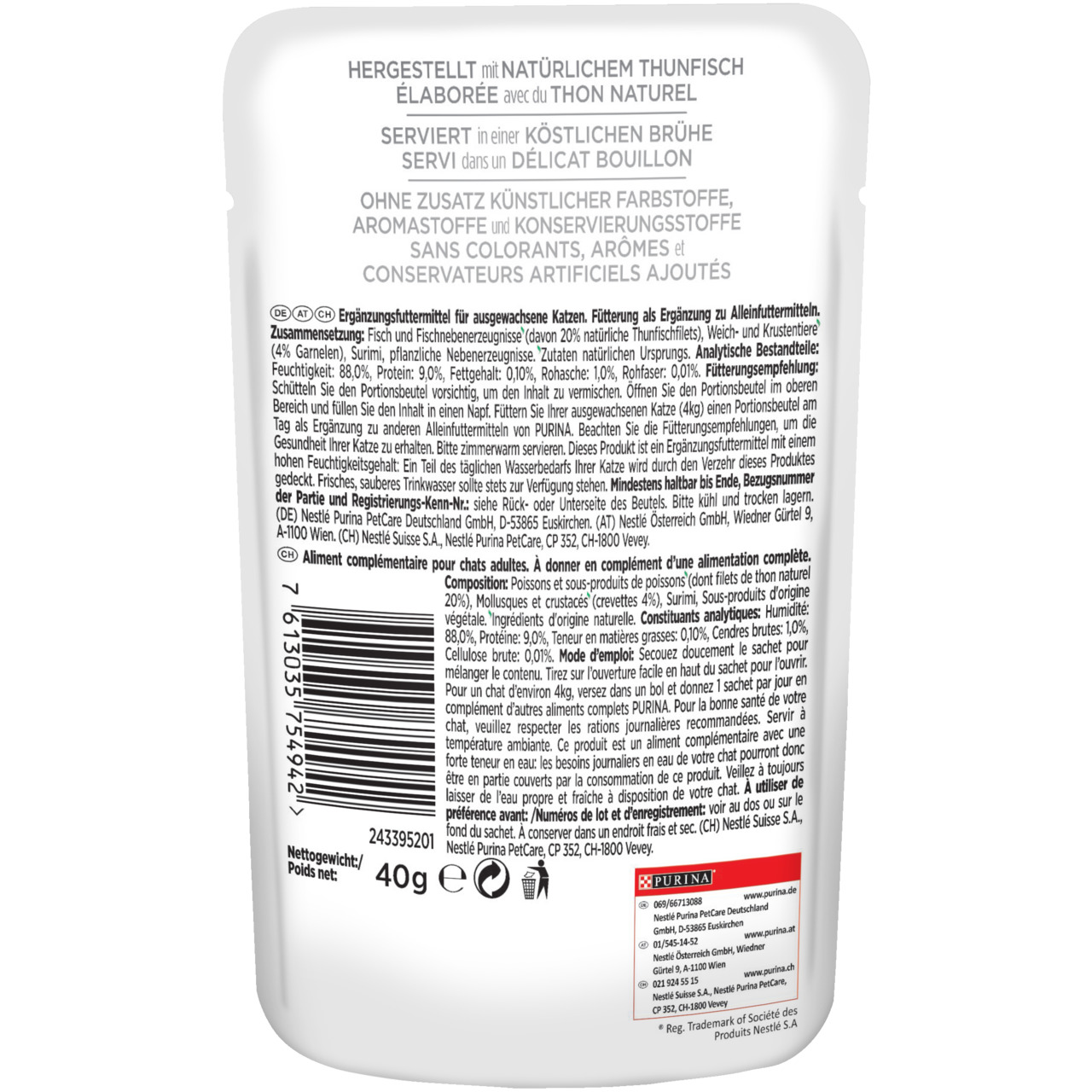 Purina GOURMET Nature’s Creations, Ergänzungsfutter f. ausgewachsene Katzen, Thunfisch in Brühe, 40 g, ohne künstl. Farb-/Aromastoffe.
