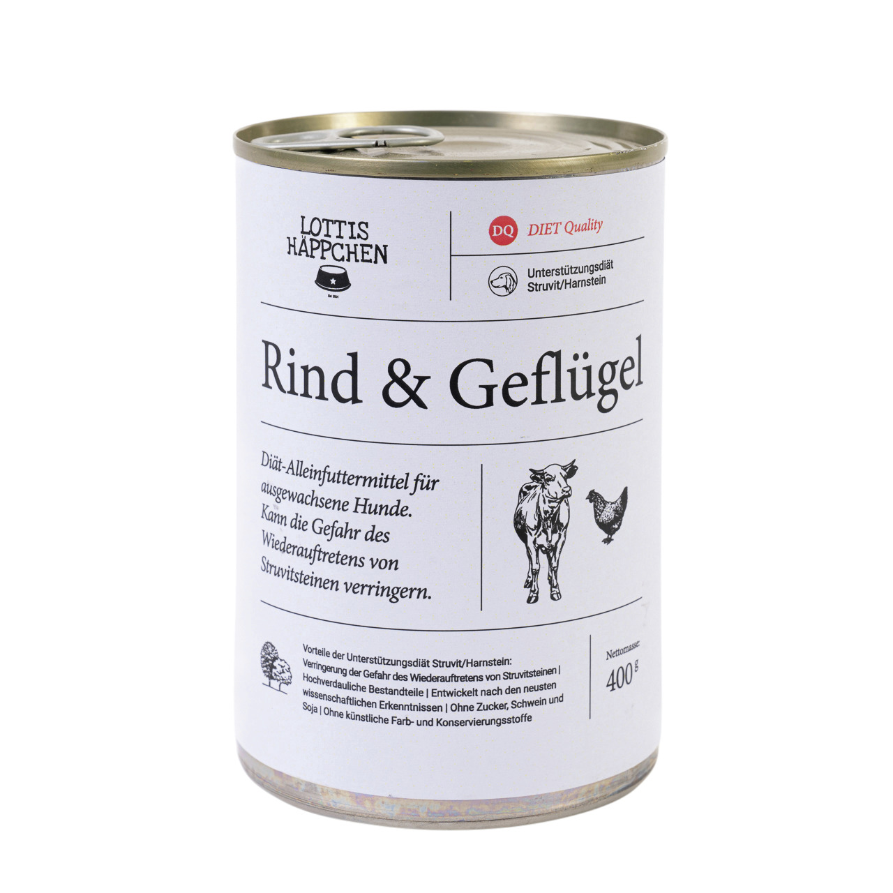 Sparpaket 24 x 400 g Lottis Häppchen Struvit & Harnstein / Rind & Geflügel Hunde Nassfutter