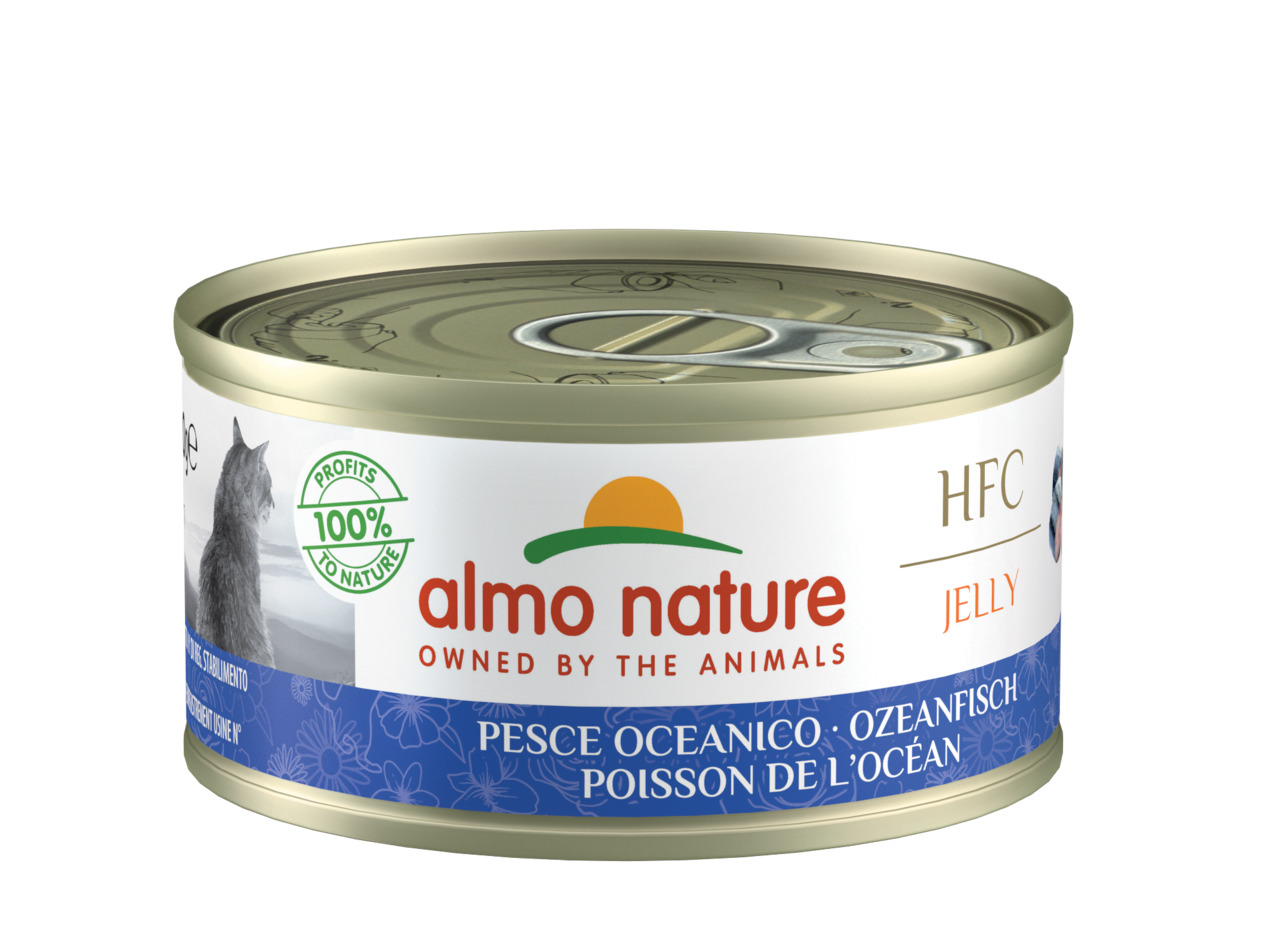Almo Nature Katzenfutter, Ozeanfisch in Gelee, 70 g, HFC (Lebensmittelqualität), „100 % Profits to Nature“.