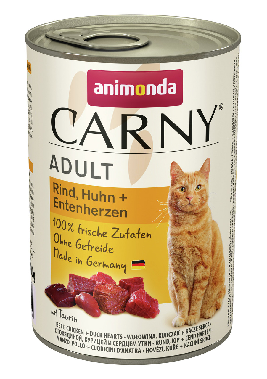 Animonda Carny Adult Katzenfutter, Rind-Huhn-Entenherzen, 100 % frische Zutaten, ohne Getreide, Made in Germany, 400 g.