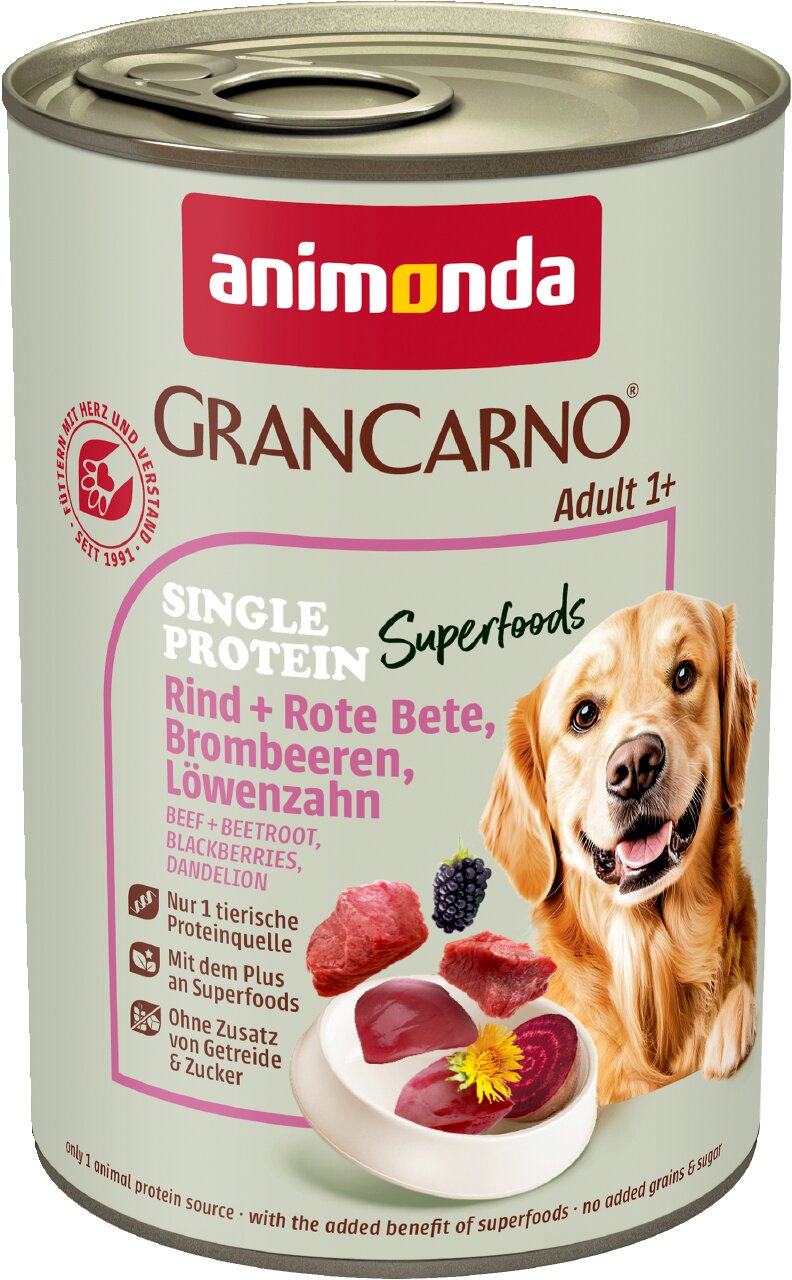 animonda GranCarno Adult 1+ Nassfutter für Hunde, Rind mit Roter Bete, Brombeeren, Löwenzahn, Single Protein Superfoods, 400 g