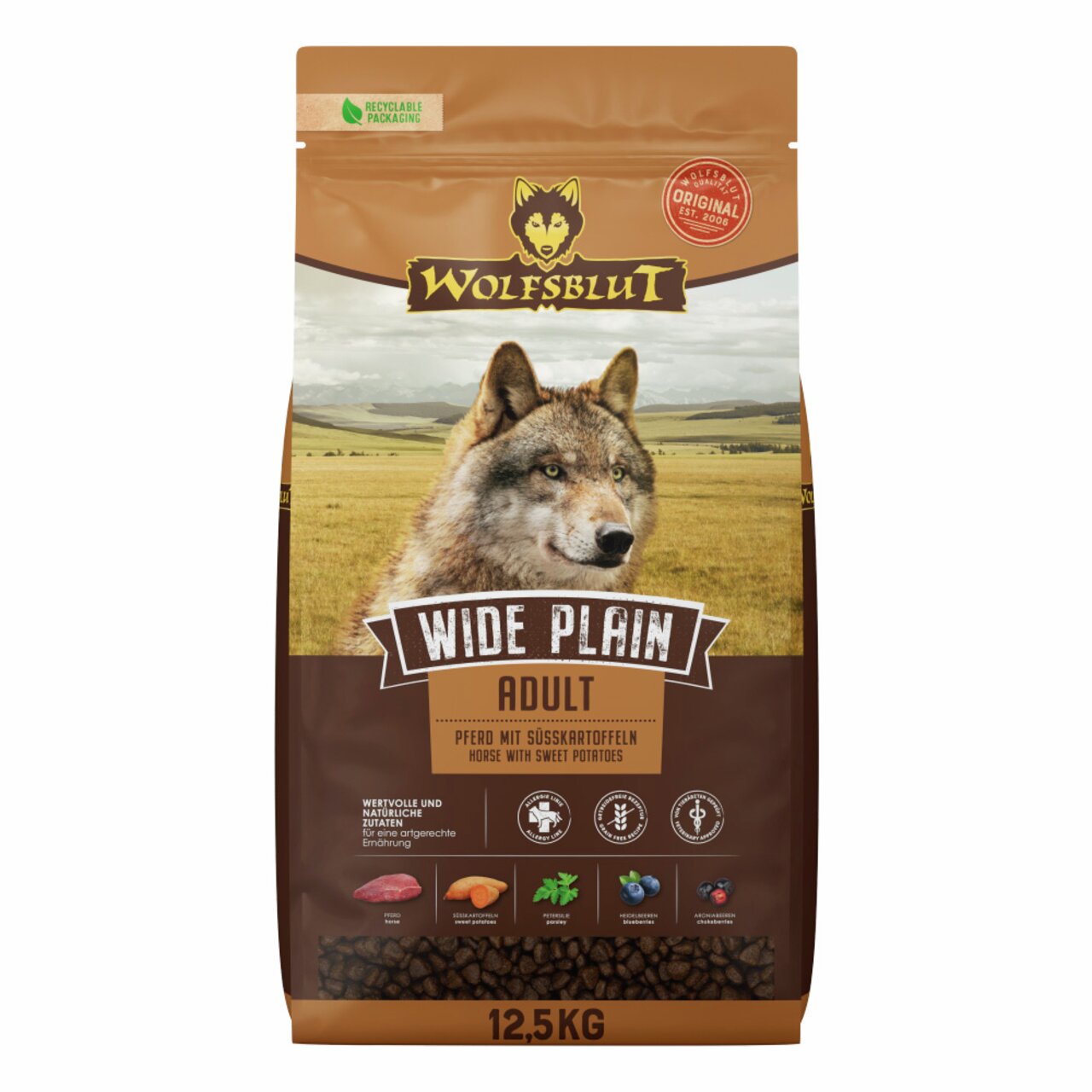 WOLFSBLUT Wide Plain Adult, Hundefutter, Pferd mit Süßkartoffeln, 12,5 kg, für ausgewachsene Hunde, reich an natürlichen Zutaten.