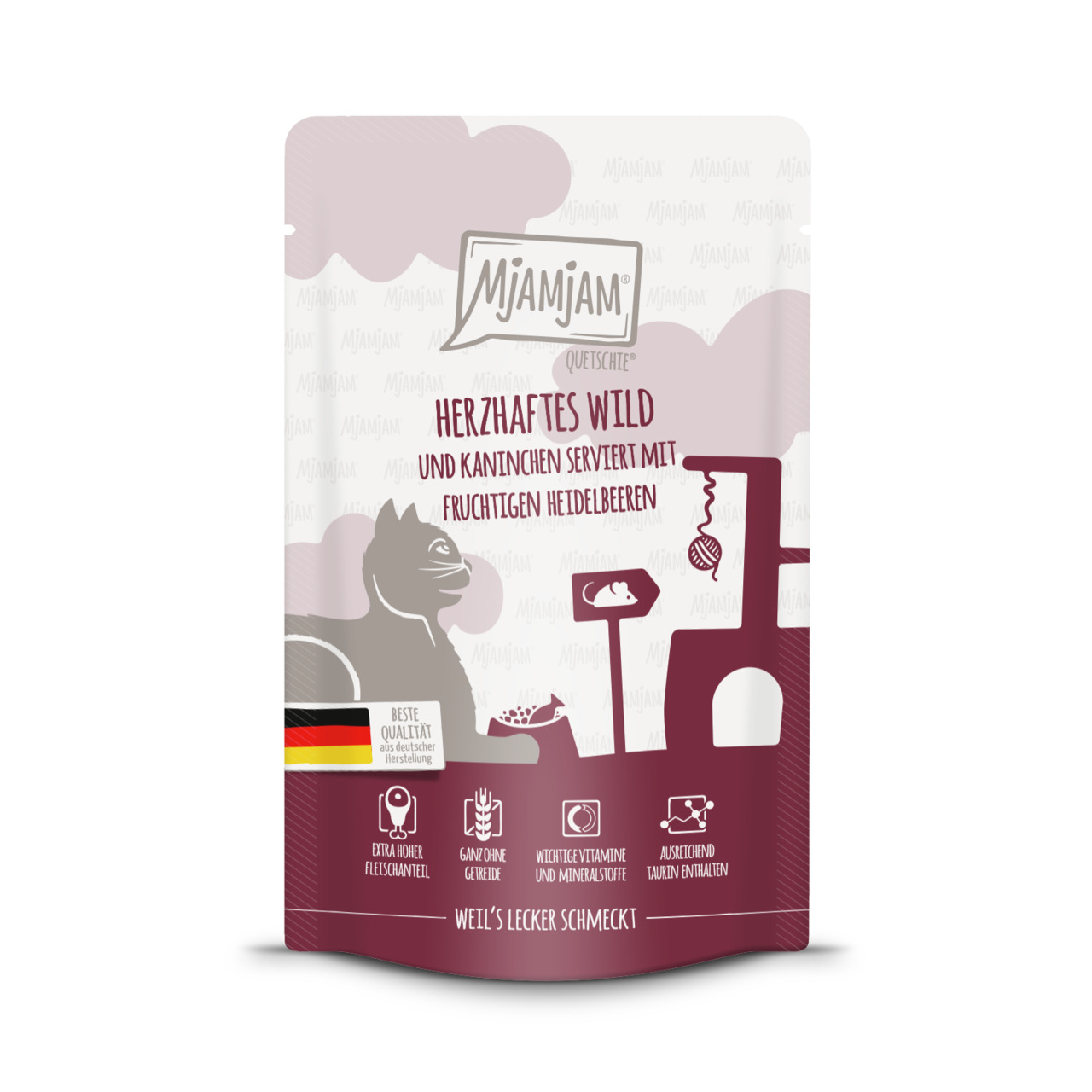 Sparpaket 24 x 125 g Mjamjam Quetschie Herzhaftes Wild und Kaninchen serviert mit fruchtigen Heidelbeeren Katzen Nassfutter