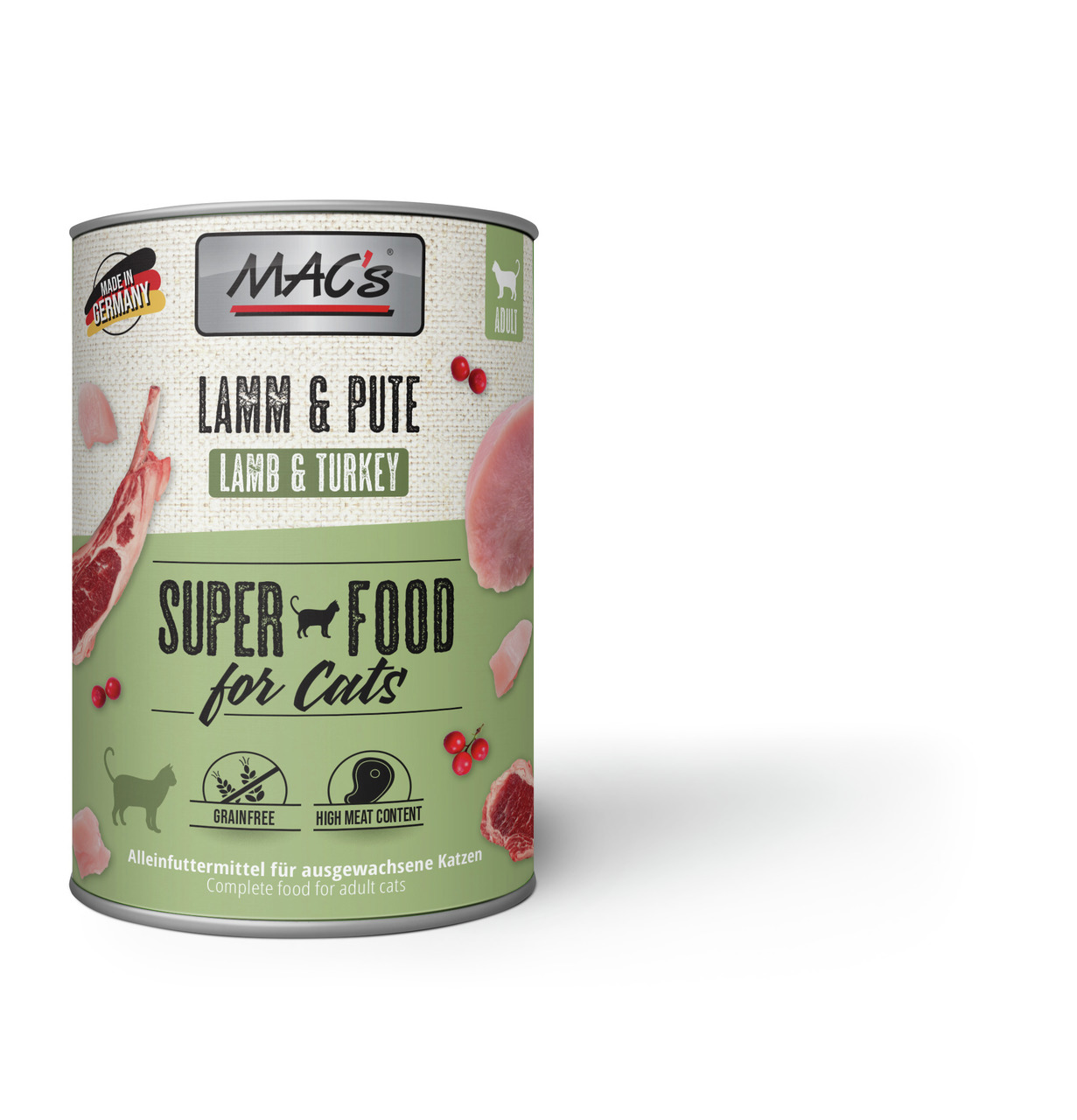 MAC's Katzenfutter, Lamm & Pute, für ausgewachsene Katzen, getreidefrei, hoher Fleischanteil, „Super Food for Cats“, 400 g.