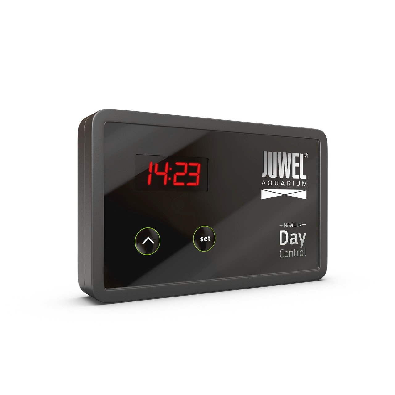 Das Bild zeigt den JUWEL NovoLux Day Control, eine digitale Zeitschaltuhr für Aquarienbeleuchtung. Das Gerät ist schwarz mit einem LED-Display, das die Uhrzeit „14:23“ anzeigt. Es verfügt über zwei Tasten zur Steuerung und ist speziell für Aquarienbesitze