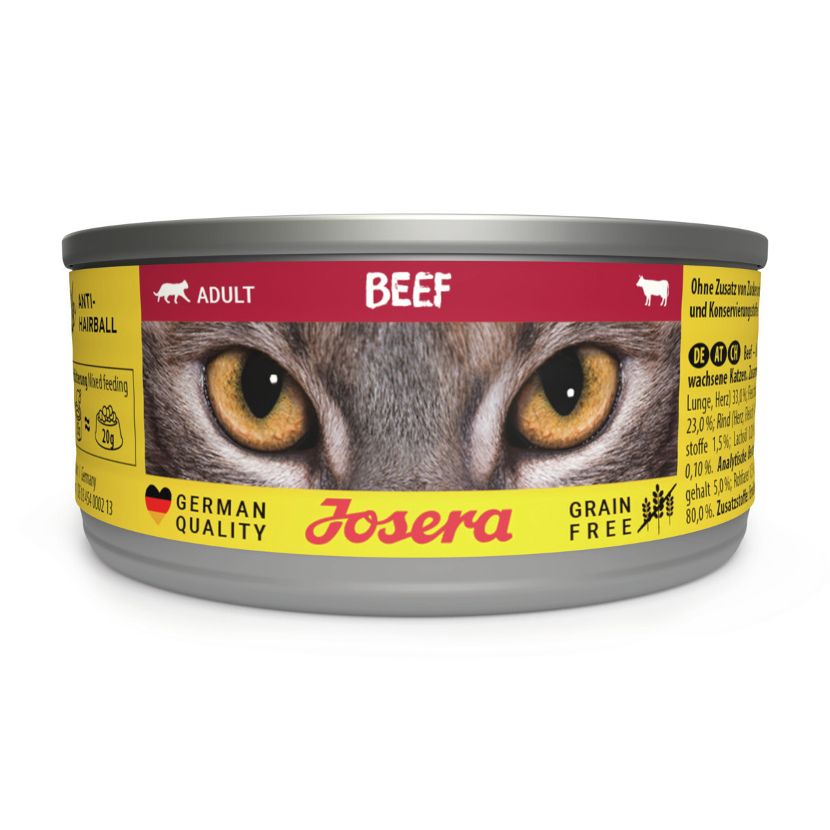Josera Katzenfutter Adult, Rind, getreidefrei, 85 g, deutsche Qualitätsware, auffälliges Design mit Katzenaugen.