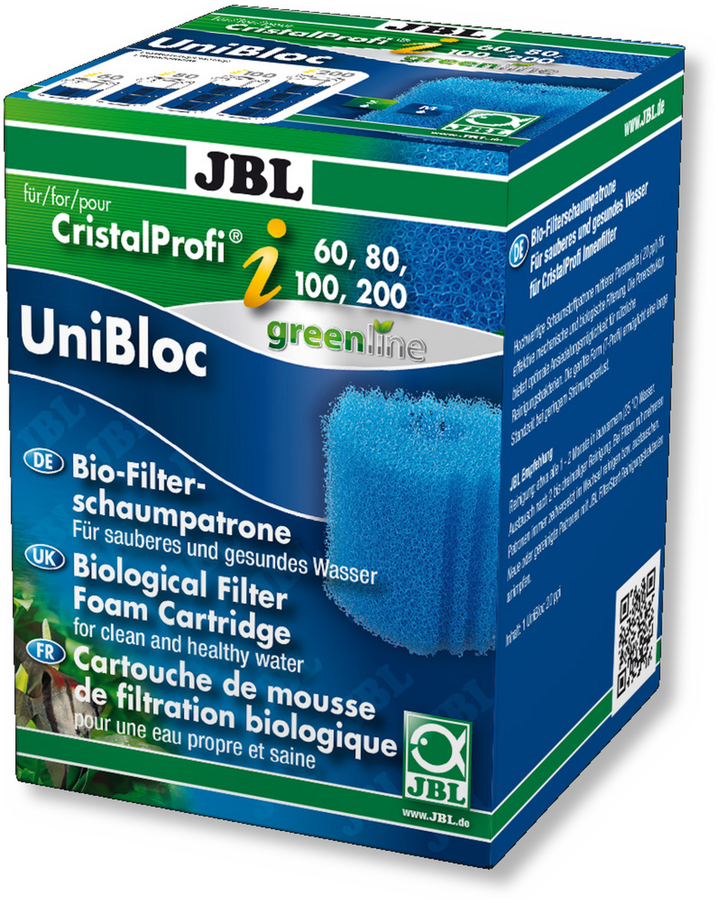 Das Bild zeigt die Verpackung der JBL UniBloc Bio-Filterschaumpatrone, geeignet für die CristalProfi i-Serie (Modelle 60, 80, 100, 200). Die Zielgruppe sind Aquarienbesitzer. Das Produkt verspricht sauberes und gesundes Wasser durch biologische Filterung.
